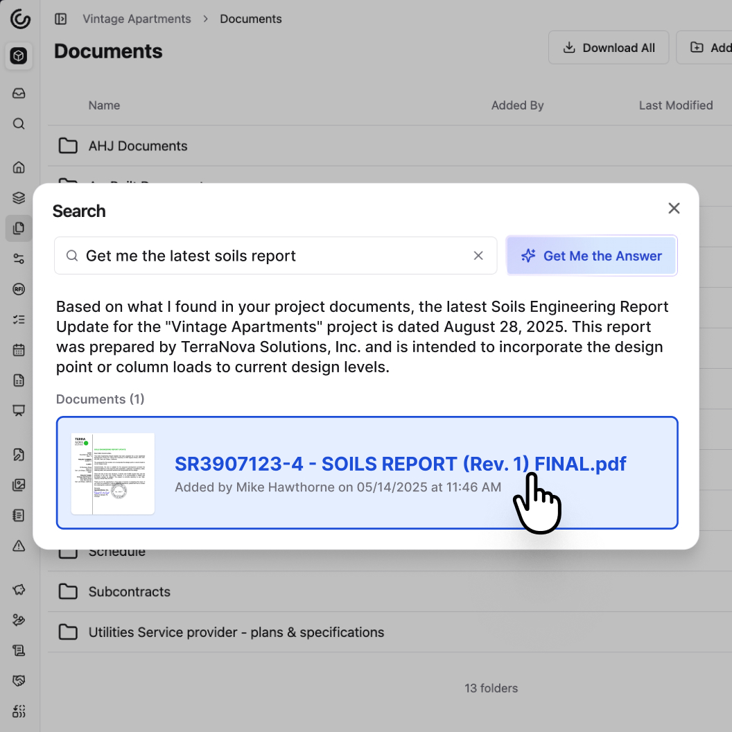 A screenshot of Constructable's AI document search feature. The user has entered a question that reads 'get me the latest soils report' and the AI document search feature has returned a comprehensive answer with details about the latest soils report documents that match the search term, and a link to the PDF document itself, making it extremely easy for the user to go to the exact document they were looking for instead of having to manually navigate through all of the folders. This feature is designed to be a very powerful and accurate tool for quickly finding the exact documents that the user is looking for, and it's powered by AI, so it's able to understand the full context of the project and the documents to return the most relevant results.