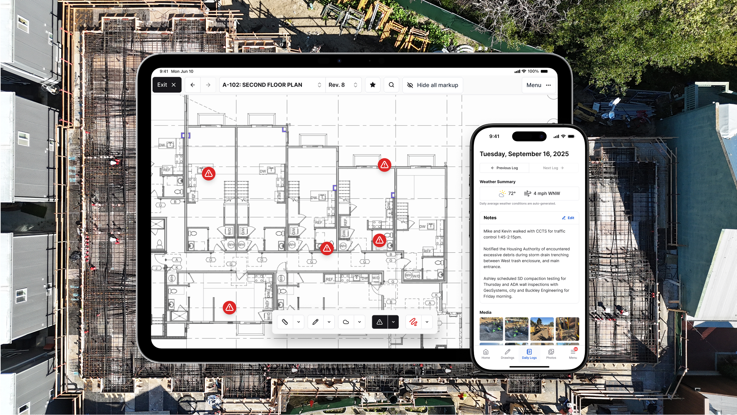An image showing Constructable's drawing viewer on a tablet and the daily log feature on a smartphone, demonstrating compatibility for all devices commonly used in the field. On the tablet, the Constructable drawing viewer feature is shown, with some deficiencies pinned directly on the drawings. The smartphone is showing the Daily Logs feature, where users can add daily notes, photos, videos, and other relevant information to the daily log, and then easily share it with the rest of the team. In the background, there is a top-down drone photograph showing the actual, real-world construction site that corresponds to the drawing sheet shown on the tablet's screen.