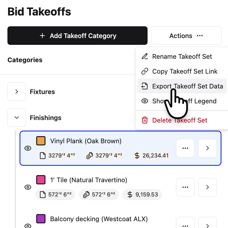 A screenshot of Constructable's takeoffs feature, showing the sidebar area where users can view takeoff items organized by category. Each takeoff item is color-coded to make it easy to identify and track the different items, and each takeoff item has summary totals for measurements across the currently active drawing, all drawings in the project, and the total overall estimated cost for that item. There is also a dropdown menu in the screenshot, showing additional options that the user can perform on the takeoff items, such as exporting all of the takeoff data to a spreadsheet, adding a new takeoff item, hiding or showing the takeoff legend, along with sharing options for the takeoff set.